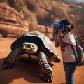 A tortoise in a VR headset, exploring a digital prehistoric world2 Royalty Free Stock Photo
