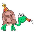 Tortoise is walking celebrating christmas blowing new year trumpet, doodle icon image kawaii