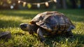 Majestic Turtle Wanders Through a Sun-Kissed Green Meadow With the Beauty of Nature Royalty Free Stock Photo