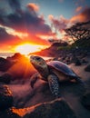 sea turtle walking slowly on sand with protective shell, sea turtle crawling on rocky beach, Royalty Free Stock Photo