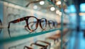 Tortoiseshell eyeglasses rest on glass shelf in optical store. Assorted frames on display, choice for vision correction. Modern Royalty Free Stock Photo