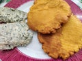 Tortos, corn fried bread with Cabrales cheese, typical meal in Asturias, Spain