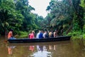 TORTUGUERO, COSTA RICA - MAY 15, 2016: Boat with tourists during wildlife watching tou Royalty Free Stock Photo