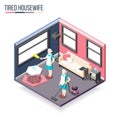 Tortured housewife isometric composition with two women in domestic interior busy cleaning apartment vector illustration