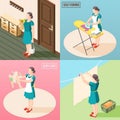 Tortured housewife 2x2 design concept set of routine daily duties so as baby care laundry ironing isometric vector illustration Royalty Free Stock Photo