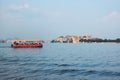 Toruist boat on Lake Pichola with City Palace in background. Udaipur, India Royalty Free Stock Photo