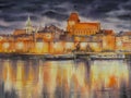 Torun panorama at night watercolors painted.