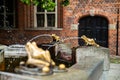 Torun, Poland - August 11, 2021. Bronze sculpture of frogs by the fountain Rafter Monument Pomnik Flisaka in old town