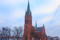 TORUN, POLAND - JANUARY 08, 2016: View of the St. Catherine Neogothical church with the highest tower in Torun 86 m.. Was built Royalty Free Stock Photo