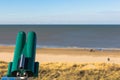 Toruristic lookout point with pay per view binoculars at the north sea. Royalty Free Stock Photo