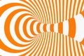 Torus 3D optical illusion raster illustration. Hypnotic white and orange tube image. Contrast twisting loops, stripes ornament.