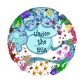 Torus with marine life: fish, jellyfish, starfish, corals and seaweed. Text: under the sea. Hand draw art