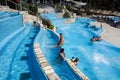 Torvaianica, Italy - July 2017: People having fun in the swimming pool in water park at Zoomarine acqua park