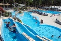 Torvaianica, Italy - July 2017: People having fun in the swimming pool in water park at Zoomarine acqua park