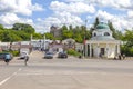 Torzhok. Krestovozdvizhenskaya Chapel and Pedestrian Bridge over the Tvertsa River Royalty Free Stock Photo