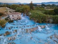 Toscane Italy, natural spa with waterfalls and hot springs at Saturnia thermal baths, Grosseto, Tuscany, Italy aerial