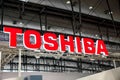 Toshiba company logo sign on exhibition fair Cebit 2017 in Hannover Messe, Germany Royalty Free Stock Photo