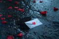 Love letter tossed in a puddle on a rainy day. Red rose petals lying around it. AI generated illustration.