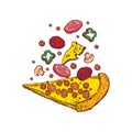 tossed pizza slice. Vector illustration decorative design