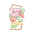 Tossed salami sandwich. Vector illustration decorative design