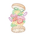 Tossed salami sandwich. Vector illustration decorative design