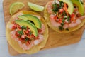 Tostadas de camaron Mexicanas, shrimps tostada, mexican food in mexico, sea foods