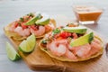 Tostadas de camaron Mexicanas, shrimps tostada, mexican food in mexico, sea foods