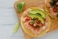 Tostadas de camaron Mexicanas, shrimps tostada, mexican food in mexico, sea foods