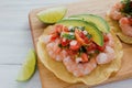 Tostadas de camaron Mexicanas, shrimps tostada, mexican food in mexico, sea foods