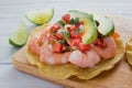 Tostadas de camaron Mexicanas, shrimps tostada, mexican food in mexico, sea foods