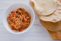 Tostadas Mexicanas with chicken, tinga de pollo mexican food in mexico