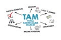 Total Addressable Market TAM concept. Illustration icons, keywords and arrows on white background