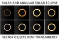 Total and annular solar eclipse. Set of different eclipses on a dark background with with an example of use on a transparent