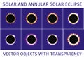 Total and annular solar eclipse. Set of different eclipses with transparency on a dark blue background