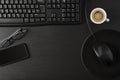 Black desk with coffee