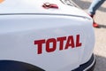 Total brand petrol fuel company text and logo sign on racing old vintage car rally