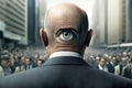 Total control, intelligence concept. Man with an eye in the back of his head on a background of people crowd. Royalty Free Stock Photo