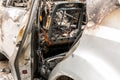 Total Damage On New Expensive Burned Car In Fire On The Parking Lot, Selective Focus
