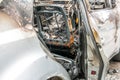 Total Damage On New Expensive Burned Car In Fire On The Parking Lot, Selective Focus Close Up