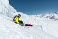 The total length of skiing on fresh snow powder. Professional skier outside the track on a sunny day against the