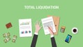 Total liquidation concept illustration with business man working on a paper work document and signing graph chart