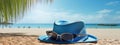 Total Relax. Blue sky, beach and leisure.. Sunglasses on hat, bathers.Generative AI (300 Real DPI).