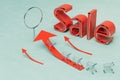 total sale. arrows and the inscription sale next to the carts for products and a magnifying glass. 3D render