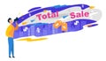 Total Sale Banner. Man Character Shout in Megaphon