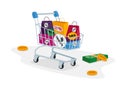 Total Sale Concept. Customer Trolley Full of Colorful Shopping Bags, Money Bills and Coins around