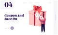Total Sale Website Landing Page. Young Man Customer Stand at Huge Wrapped Gift Box with Percent Symbol
