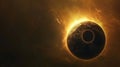 A total solar eclipse highlighted by glowing sun rays, over a dark background Royalty Free Stock Photo