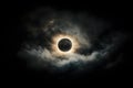 Total solar eclipse occurring behind dark clouds Generative AI Royalty Free Stock Photo
