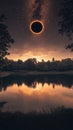 Total solar eclipse over serene forest lake at sunset with dramatic sky and glowing stars. Cosmic phenomenon and Royalty Free Stock Photo