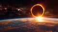 A breathtaking view from space, where the total solar eclipse darkens the Earth as the moon aligns perfectly with the sun Royalty Free Stock Photo